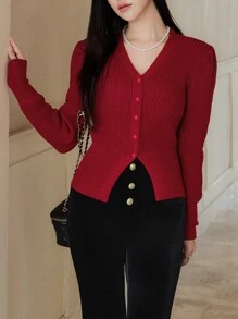 EastFlair 女士红色V领圣诞毛衣开衫，厚实柔软，收腰设计，高端，秋冬 - 紅色 - 查看 6