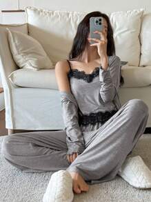 DAZY 三件套撞色蕾丝拼接纽扣门襟上衣、吊带背心和裤子睡衣套装，秋冬服装