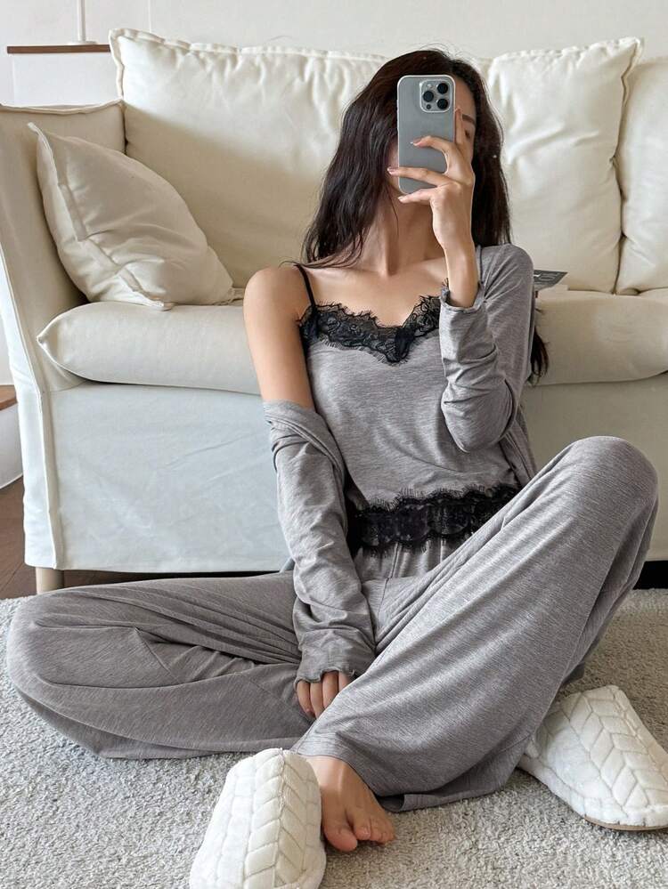 3pcs Set Contrast Color Lace Patchwork Button Placket Top, Camisole Top And Pants Sleepwear Pajama Set, Fall Winter Clothes