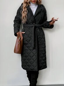 SHEIN LUNE Women Casual Solid Color Tie-Up Regular Fit Mid-Length Padded Coat, Suitable For Autumn/Winter Everyday Wear - Black - View 9
