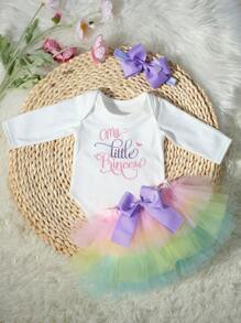 SHEIN 新生儿拍照装 - 刺绣三角连体衣，撞色薄纱芭蕾舞短裙套装，配蝴蝶结头带，新生儿回家装 - 彩色 - 查看 8