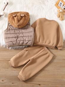 3 pezzi/set neonato/bambina cachi modello cartone animato scollo rotondo felpa, elastico in vita pantaloni spessi, gilet in pile giacca 3 pezzi vestito, adatto per autunno e inverno all'aperto, sci - Multicolore - Visualizzare 4