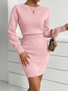 Chiquease 纯色紧身毛衣裙，秋冬休闲简约 - 淺粉色 - 查看 3