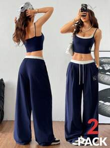 Muchica Bộ đồ thể thao dệt kim hai mảnh giả dành cho nữ, áo ba lỗ và quần nỉ, bộ đồ đi chơi, 2 món, quần áo trở lại trường - Màu xanh hải quân - Xem 7