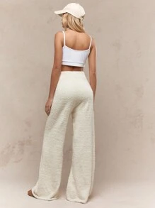 MISSGUIDED Cozy Fleece Wide Leg Lounge Pants Ultra Soft Sherpa Palazzo Winter Warm Trousers Plush Comfortable Casual Wear Indoor Fashion - Beige - View 2