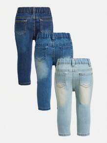 SHEIN Baby Girl Elastic Fitted Rinsed Dark & Light Blue 3-Piece Set, Rinsed Comfortable Soft Denim Pants Chic Outfits For Autumn/Winter - Multicolor - View 2