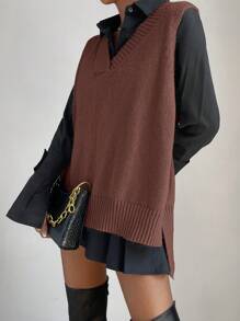 Chiquease 女士 V 领无袖简约针织毛衣背心，休闲日常穿着