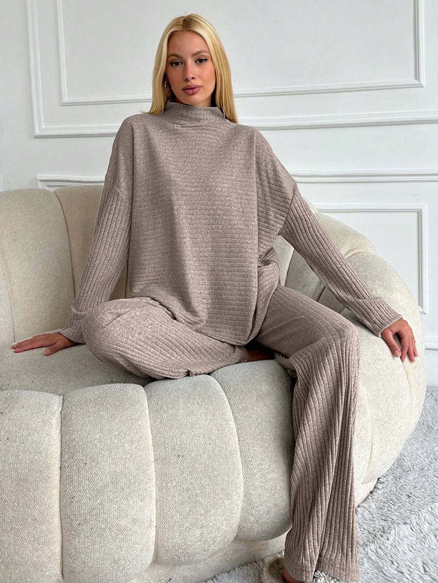 EURMUSE Cotton Women's Drop Shoulder Ribbed Long Sleeve T-Shirt And Pants Set Lounge Brown Autumn Casual - Beige - View 1