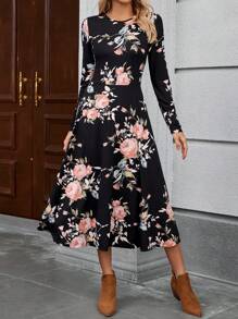 EMERY ROSE Women's Floral Print Round Neck Long Sleeve Elegant Mid-Length Dress, Autumn Dresses For Women