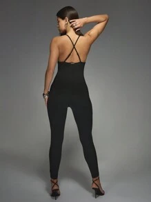 Missguided x Playboy 兔子标志紧身连体衣全长连体裤服装露背弹力紧身衣派对俱乐部晚礼服交叉背部设计合身紧身衣