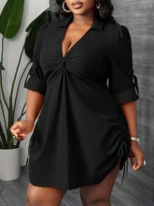 Slaydiva 优雅、日常、通勤、派对、约会 性感修身纯色铁锈红色长袖褶皱扭结侧抽绳腰部女式大码迷你衬衫连衣裙，春秋季 - 黑色 - 查看 2