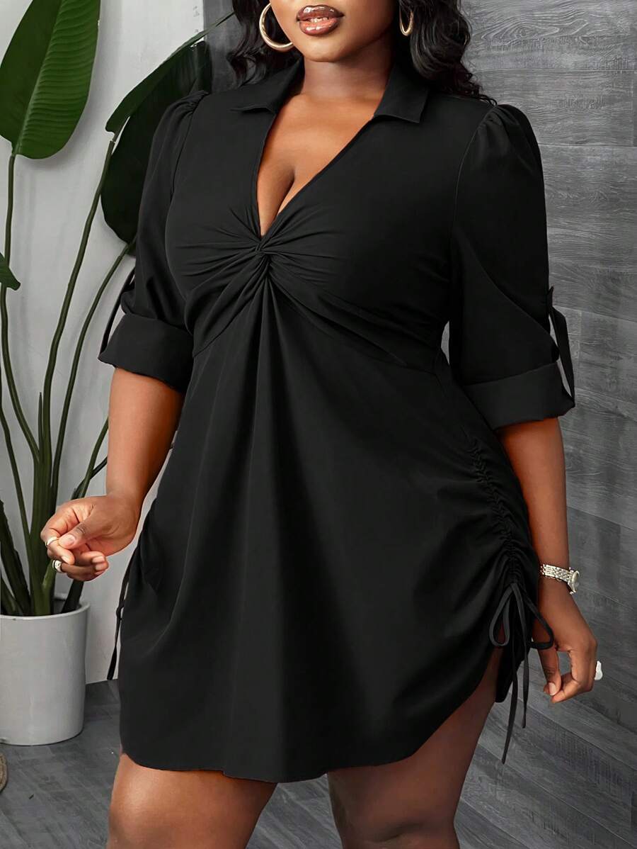 Slaydiva 优雅、日常、通勤、派对、约会 性感修身纯色铁锈红色长袖褶皱扭结侧抽绳腰部女式大码迷你衬衫连衣裙，春秋季