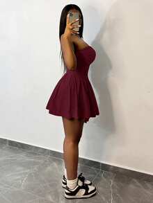 Slaydiva 休闲抹胸褶皱迷你连衣裙，灰色 - DD - 酒紅色 - 查看 3