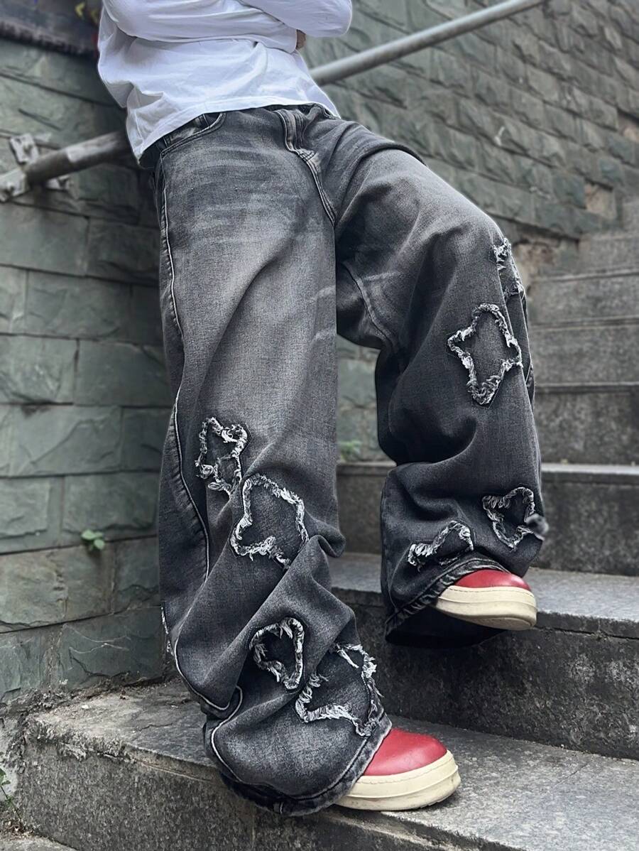 PAVTROS Manfinity Streetrush Men's Casual Street Fashionable Low Waisted Raw Edge Star Pattern Loose Wide Leg Jeans Going Out Hang Out College Vacation Street, Emo Style, Grunge - Black - View 1