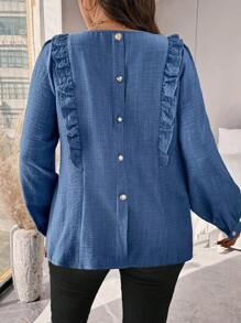 SHEIN LUNE Plus Size Herfst Casual Shirt Met Ruche Rand En Knoopdecoratie