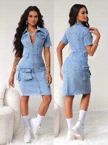 SHEIN SXY Váy ngắn denim thường ngày có khóa kéo phía trước tay ngắn cho nữ - Rửa nhẹ - Xem 1