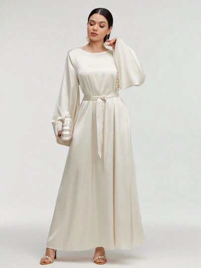 Graceveil 女士优雅纯色喇叭袖长裙，春/夏，朴素优雅的 A 字型阿拉伯连衣裙，适合晚会/婚宴/周年纪念/日常穿着