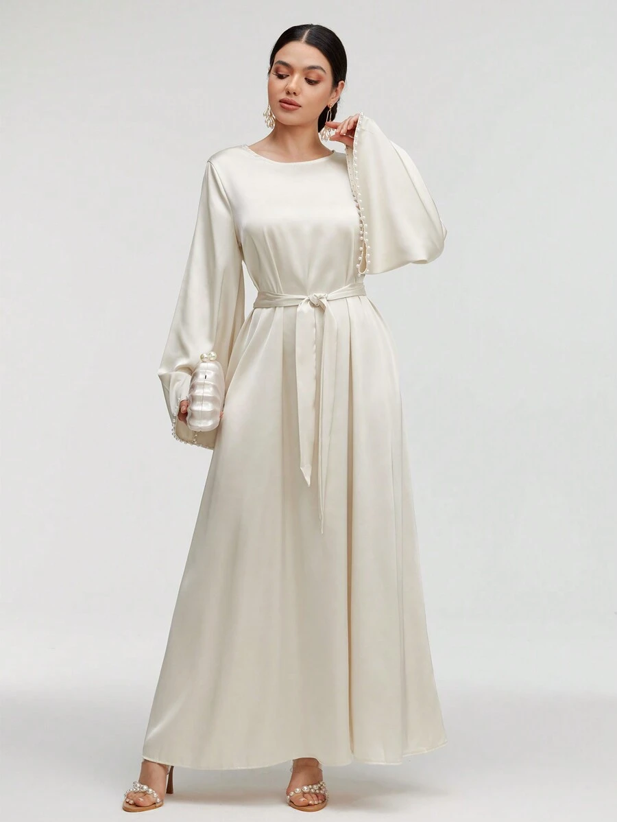 Graceveil 女士优雅纯色喇叭袖长裙，春/夏，朴素优雅的 A 字型阿拉伯连衣裙，适合晚会/婚宴/周年纪念/日常穿着