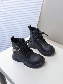 1 Pair Black PU Thermal Lined Kids Simple Boots, Short Ankle Boots For Girls, Infant Boots For Daily Wear