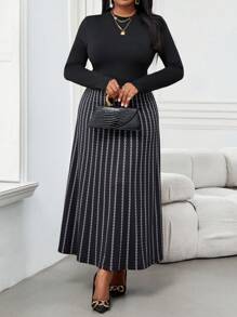 SHEIN Lady 秋冬季优雅通勤办公室彩色针织立领喇叭中长袖大码连衣裙冬季女装感恩节女装冬装长袖连衣裙冬季冬装 - 黑色 - 查看 6