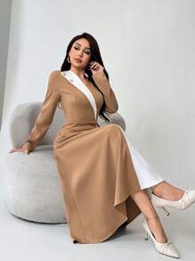 Modelyn 女士纯色拼色长袖纽扣装饰休闲中长连衣裙长款晚礼服 - 卡其色 - 查看 1