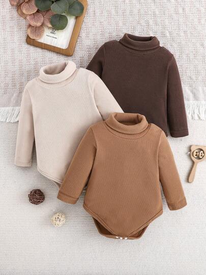SHEIN Set da 3 pezzi Bodysuit a collo alto con costine per bambini maschi, completo da abbinamento con 3 colori adatto per l'autunno/, ideale per il bucato o il casual domestico