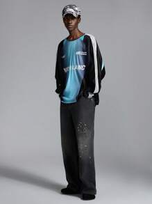 NEON BLANC 男士宽松水钻装饰长牛仔裤，宽牛仔裤，长款加大码深灰色洗水牛仔裤，适合送给老公、男朋友的礼物 - 黑色 - 查看 5