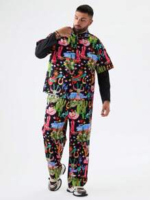 Manfinity NXTstreet Conjunto de 2 piezas de camisa de tejido y pantalones holgados con estampado de cactus y guitarra para hombre de talla grande