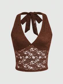 INAWLY Camisole femme à col ras-du-cou avec contraste de dentelle et dos ouvert, couleur unie - Marron - Voir 6