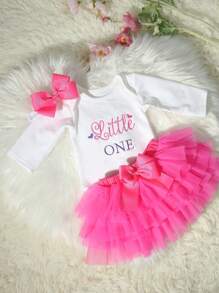SHEIN Newborn Girl Photography Props Baby Girl Coming Home Outfit 1 Month Baby Girl Romper Props With TUTU Skirt And Bow Headband Newborn Shower Gift - Hot Pink - View 3