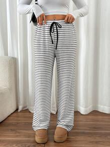 Chiquease 女士条纹提花直筒百搭裤 - 黑與白 - 查看 3