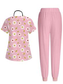 PopScrub 卡通雏菊花和蜜蜂印花 V 领短袖上衣和裤子手术服套装 - 白色 - 查看 2