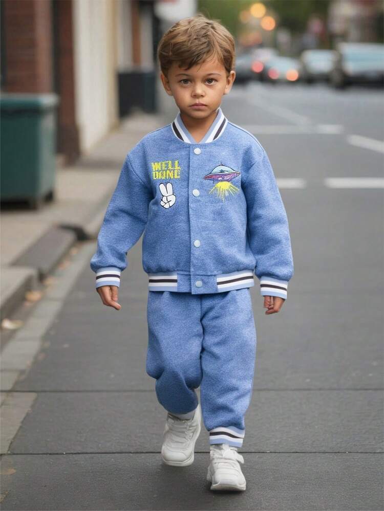 SHEIN 2 件装婴儿男童/女童休闲运动风格太空船印花落肩宽松棒球领针织夹克外套 + 罗纹针织袖口裤两件套，适合秋冬穿着，室内室外皆宜 - 藍色 - 查看 18