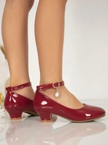 New Round Toe Kids Girls Rhinestone Decor High Heel Princess Shoes, Comfortable & Adorable Glossy Pumps - Red - View 2