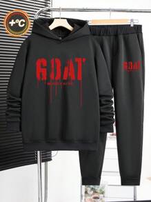 Manfinity EMRG Black Knit GOAT(Greatest Of All Time) Printed Men Hooded Sweatshirt & Sweatpants Set, Suitable For Autumn/Winter