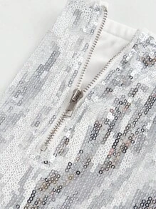 ROMWE J-Fashion Quần short mini lưng thấp đính sequin lấp lánh bạc cổ điển cho tiệc tùng, hộp đêm - Bạc - Xem 3