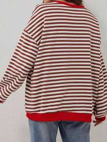 Plus 女式条纹落肩宽松 T 恤上衣 - 紅色 - 查看 2