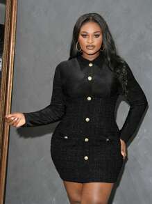 Slaydiva Plus Size Ladies Boucle Patchwork Shirt Dress - Black - View 6