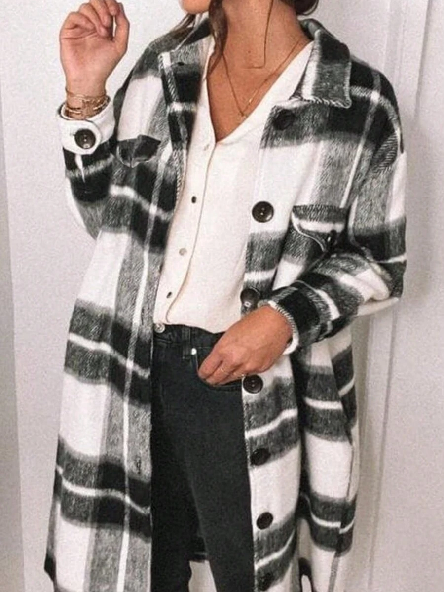 Plus Women's Checkered Button Up Shirt Coat - Black and White - View 1