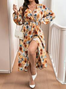 Celure Vestido envolvente con estampado floral 3D talla grande elegante