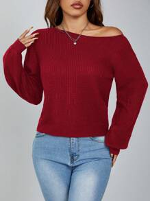 SHEIN PETITE 套头斜肩罗纹女式毛衣，长袖上衣 - 紅色 - 查看 5