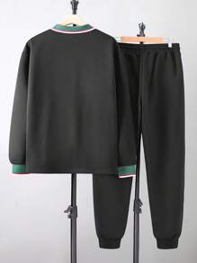 Manfinity Homme 2pcs/Set Setelan Pria Polo Lengan Panjang Warna Kontras, Sweatshirt Kasual & Celana Olahraga, Musim Gugur - Hitam - View 2