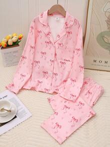 Valentine's Day Tween Girl Light Pink Bow Pattern Cardigan And Long Pants Casual 2 Pieces Pajama Set, Mommy And Me Matching Outfits (Sold Separately In Sets Of 3)