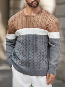 Manfinity Homme Men's Casual Crew Neck Contrast Color Color Block Long Sleeve Pullover Cable Knit Sweater, For Husband - Grey - View 4