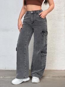 SHEIN EZwear 女士夏季拉链门襟翻盖口袋工装牛仔裤