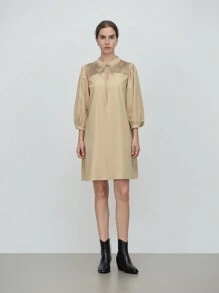 Aalyst 女士优雅时尚办公室装圆领系带肩褶皱宽松连衣裙，长袖 - 卡其色 - 查看 3