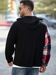 Manfinity Homme Plus Size Men Plaid Long Sleeve Hooded Corduroy Panel Shacket With Pockets, Autumn Fall