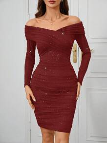 SHEIN Clasi 女士优雅性感露肩褶饰闪光针织派对连衣裙