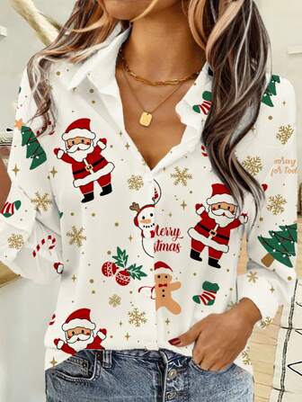 EMERY ROSE Casual Minimalist Loose Long Sleeve Women Shirt, Suitable For Autumn/Winter With Christmas Elements,Short Sleeve Tops