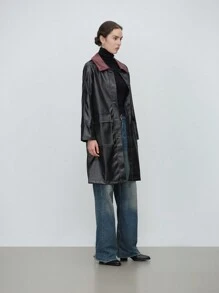 Aalyst 时尚休闲女式仿皮拼接拼色长款夹克